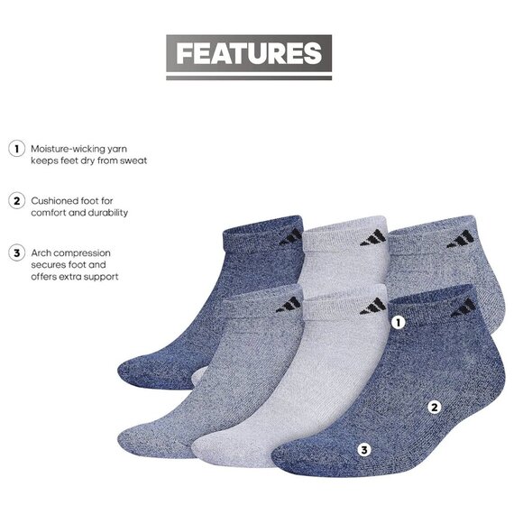 6 Pair Adidas Men's Low Cut Socks with Arch Compression Indigo Blue/Grey/Collegi - Picture 2 of 12